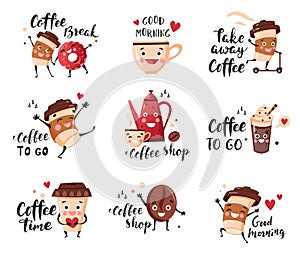 Coffee labels with cute cups, mugs and hot beverage