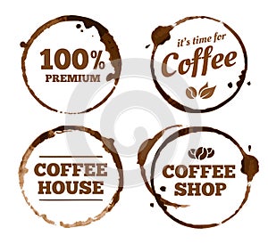 Coffee labels. Hot drink stains, round dirty marks from coffee cup or mug. Spilled brown water with text template