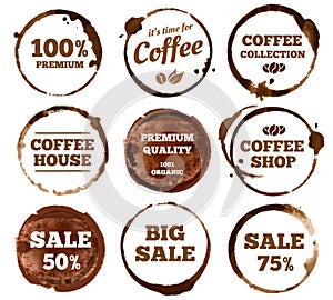 Coffee labels. Watercolor dirty espresso cup ring stain logo. Vector isolated illustration