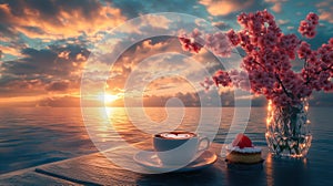 Coffee landscrap View , valentine with coffee , sunset ,cake