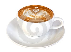 Coffee latte art flower heart shape, hot cappuccino isolated on white background, path