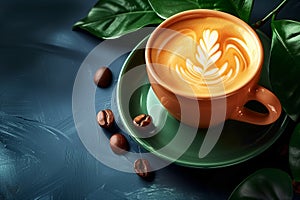 Coffee with latte art in an orange cup on a green saucer with fresh leaves