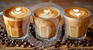 Coffee latte art on wooden background. Coffee latte art