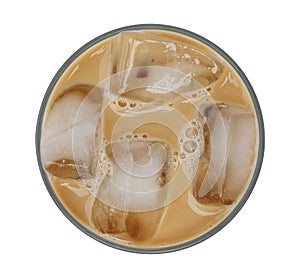 Coffee latte cappuccino with ice in glass top view isolated on white background, clipping path