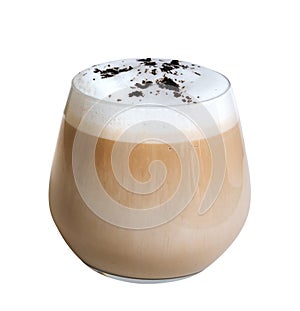Coffee latte cappuccino with milk foam in a glass isolated on white background, clipping path