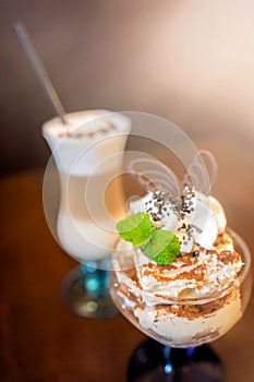Coffee latte and ice cream sundae