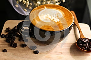 Coffee Latte Milk cream flower Wooden spoon coffee bean Background Wood