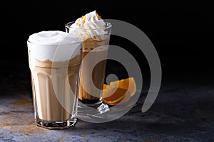 Coffee latte and viennese coffee with whipped cream