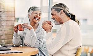 Coffee, laughing or senior couple in cafe to relax together bonding, speaking or talking in conversation. Smile