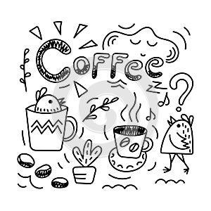 Coffee lettering. Doodle small funny birds, Sun, sleepy cloud, coffee beans and twigs . Hand-drawn illustration