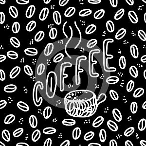 Coffee lettering phrase. One word color quote. Mug and beans. Circle round design form. Vector illustration art