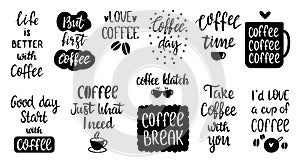 Coffee lettering typography set. Morning drink motivational phrases, isolated ink calligraphy inscriptions. Hand made