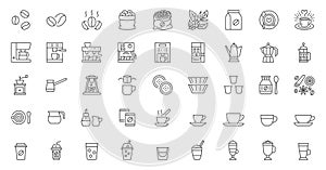 Coffee line icon set. Beans bag, roasting, turkish cezve, drip pods, percolator, chorreador, filters, capsules, espresso