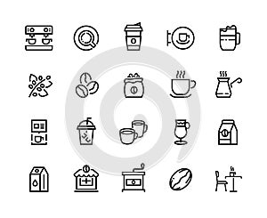 Coffee line icons. Beans take out cups and mugs coffee shop and coffee maker machine. Vector outline latte cappuccino