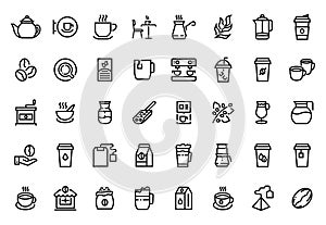 Coffee line icons. Coffee and tea shop outline logo. Cups with hot drinks. Equipment or ingredients for preparing