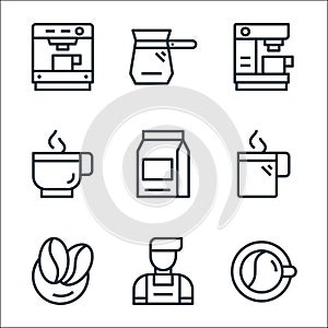 Coffee line icons. linear set. quality vector line set such as coffee cup, barista, coffee beans, hot bean, hot machine, maker