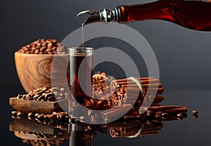 Coffee liquor is poured from a bottle into a glass