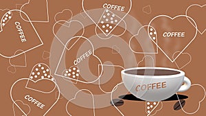 Coffee and love: coffee cup, hearts with white outline, flecks, brown background, `coffee` subtitle