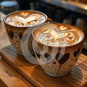 Coffee Love: A Cozy Scene of Two Cups, Heart-Shaped Froth, and W