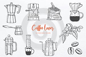 Coffee lover set collection with hand drawn sketch vector