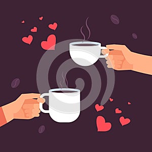 Coffee lovers vector concept, hands with coffee cups and hearts