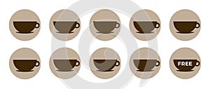 Coffee loyalty card template. Buy 9 cups and get 1 for free. Take away coffee cups icons for cafe photo