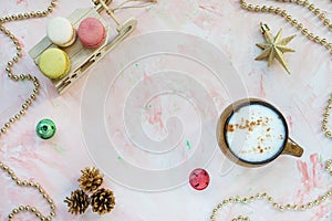 Coffee macaroons and christmas decoration. Christmas concept