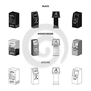 Coffee machine, ATM, information terminal. Terminals set collection icons in black,monochrome,outline style isometric