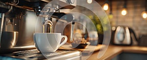 The coffee machine brewing a fresh cup of espresso in a cozy kitchen. AI generated image