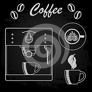 Coffee machine, cup for coffee, chalk on black Board. Vector illustration.