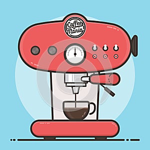 Coffee machine with a hot coffee cup. Flat design.