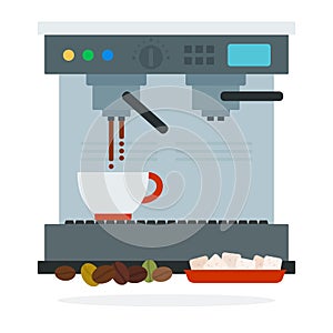 Coffee machine makes coffee coffee beans and sugar cubes vector flat isolated