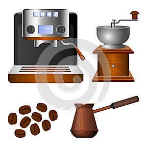 Coffee machine, old grinder and metal turk set photo