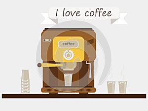 Coffee machine on the shelf. Coffee, cups, glasses. The slogan `I Love Coffee`