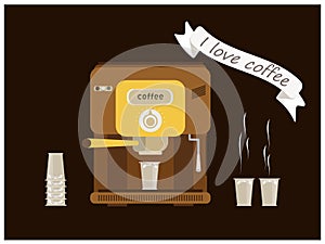 Coffee machine on the shelf. Coffee, cups, glasses. The slogan `I Love Coffee`