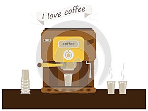 Coffee machine on the shelf. Coffee, cups, glasses. The slogan `I Love Coffee`
