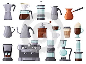Coffee machines, french press, cezve, pot, aeropress and espresso machine. Coffee brewing tools, cups and coffee pots