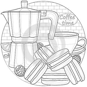 Coffee maker and macaroons.Coloring book antistress for children and adults