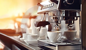 Coffee maker machine closeup, hot espresso pouring in a cup from a proffessional portafilter in a cafe shop Generative AI