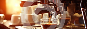 Coffee maker machine closeup, hot espresso pouring in a cup from a proffessional portafilter in a cafe shop Generative AI