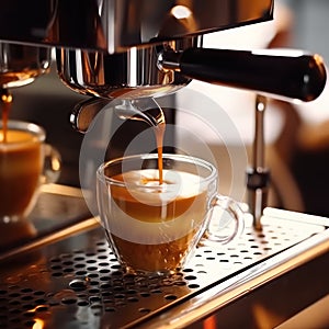 Coffee maker machine closeup, hot espresso pouring in a cup from a proffessional portafilter in a cafe shop Generative AI photo