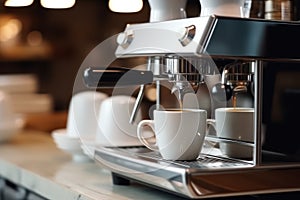 Coffee maker machine closeup, hot espresso pouring in a cup from a proffessional portafilter in a cafe shop Generative AI