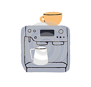Coffee maker, machine, cup and mug. Coffe appliance, coffeemaker for making espresso, cappuccino, americano, morning