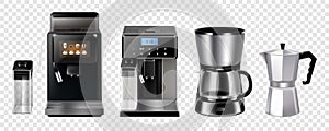 Coffee maker machines, cafe and barista brewing tools, vector 3d realistic set. Coffee makers and machines, espresso drip pot,