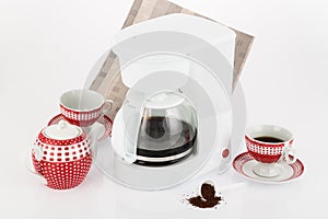 Coffee maker white  with mugs on white background