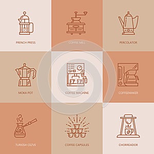 Coffee making equipment, brewing methods thin line icons