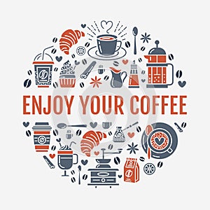 Coffee making poster template. Brewing vector line icon, circle illustration for menu. Elements - coffemaker, french