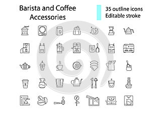 Coffee making tools outline icons set. Barista accessories. Editable stroke. Isolated vector stock illustration
