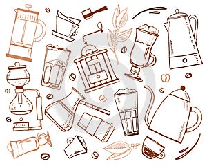 Coffee making utensils and drinks. Percolator, syphon, pour-over, cezve, french press. Hand drawn outline sketch illustration