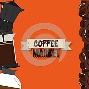 Coffee market, kettle french press and maker grains drink